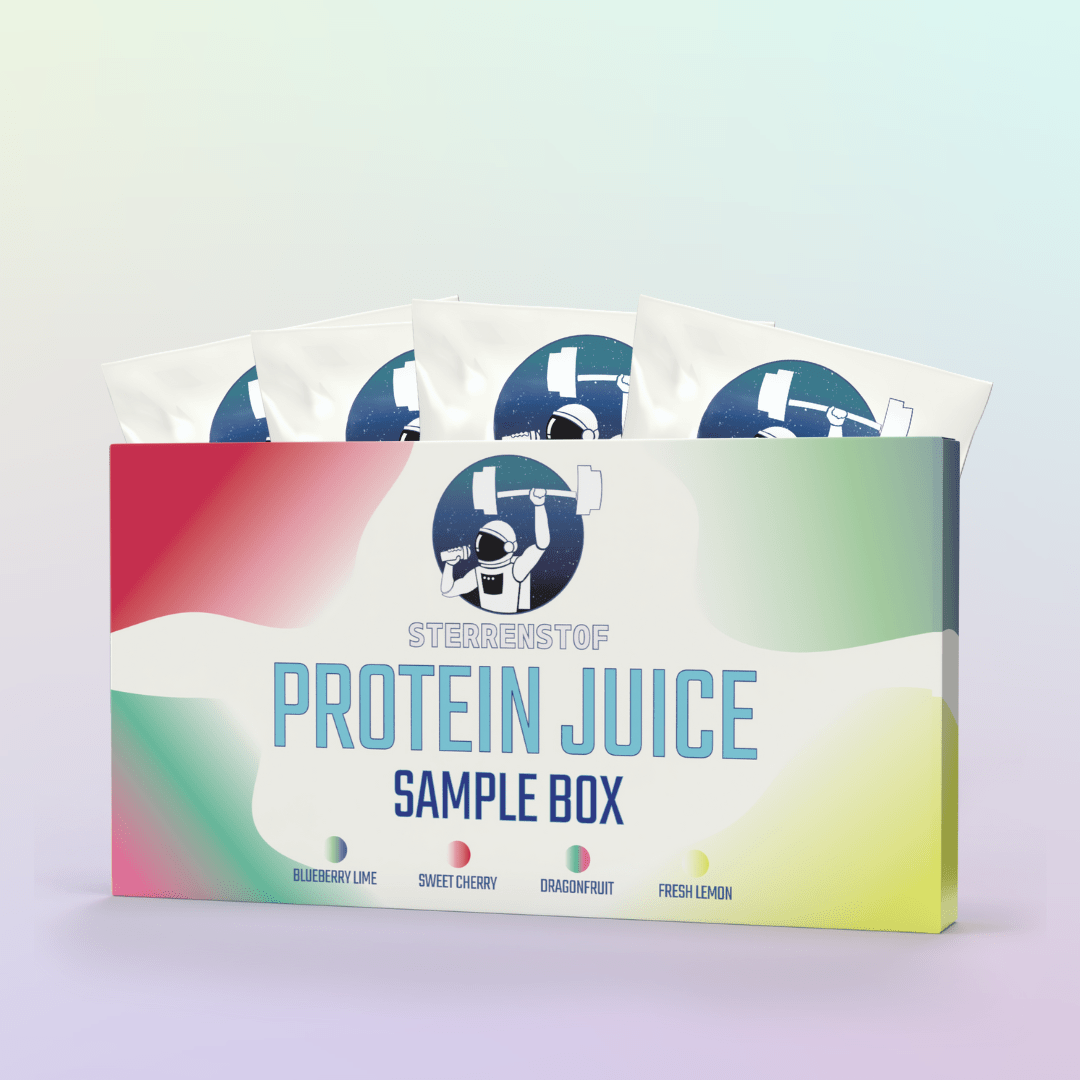 Sterrenstof Protein Juice Sample Box – proefpakket met 4 smaken en zichtbare sachets in kleurrijke doos.