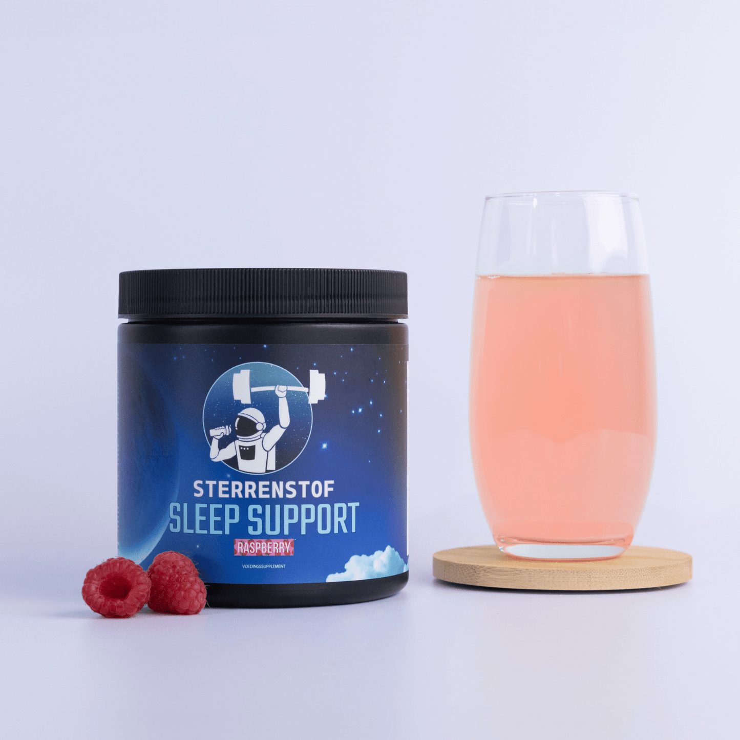 Sterrenstof sleep support raspberry smaak met een volle glas